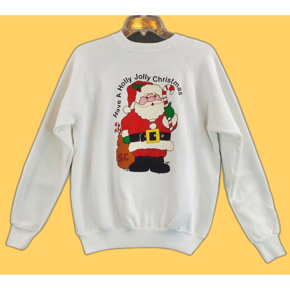 Vtg Christmas Sweatshirt Crewneck Ugly Women Sz M Santa Claus Hanes Tag USA